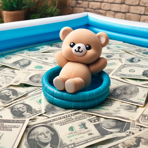 DALL·E 2024-04-17 15.28.58 - A cute, small bear lounging in a swimming pool filled with American dollars. The scene is whimsical, with the bear appearing relaxed and content, surr